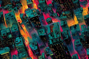 Capture the essence of a dystopian metropolis with a unique twist by illustrating a low-angle aerial view