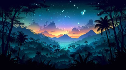 Naklejka premium Beautiful fantasy tropical in night skies with tree, and shining moon in beach view, night sky with moonlight between forest 