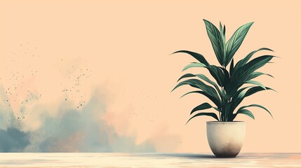 Digital illustration of a plant in a pot with a soft pastel backdrop, suitable for minimalist interior design and home decor posters.