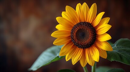 Fototapeta premium Single sunflower in full bloom with detailed petals and center on a blurred background, summer beauty concept with copy space.