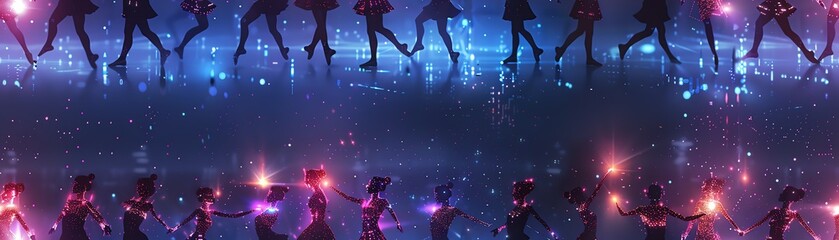 Craft a scene where digital enhancements seamlessly integrate with the dancers movements