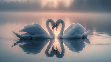 Two swans creating a heart reflection in the water at sunrise. Love and relationship concept. - Powered by Adobe
