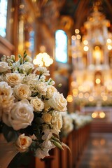 White floral decorations on church pews with golden interior background. Elegant wedding ceremony setting with copy space.