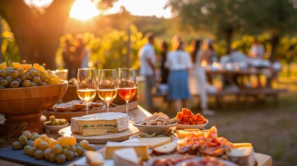 Outdoor wine and cheese table at a vineyard wedding, guests socializing in golden hour light. Vineyard event with appetizers and drinks concept.