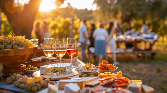 Vineyard wedding reception with wine, cheese, and guests in soft focus at sunset. Rustic event dining concept with warm light and vineyard backdrop.