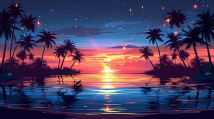 Beautiful fantasy tropical in night skies with tree, and shining moon in beach view, night sky with moonlight between forest 