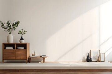 Obraz premium Wooden cabinet and accessories decor in living room interior on empty white wall background 