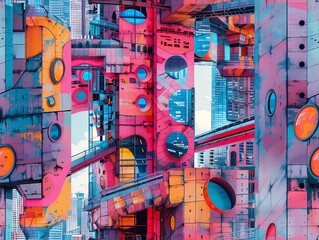 Fototapeta premium Illustrate a utopian cityscape where futuristic technologies meet the raw energy of street art