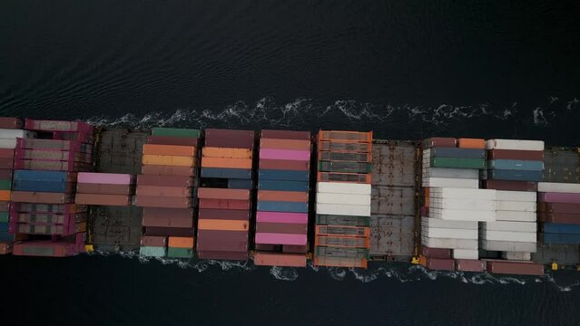 Top view of a cargo ship carrying a container and going to export goods from the port of the cargo area for transportation under a custom ocean concept, customs clearance. forwarder