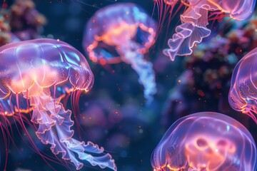 Infuse the depths with a surreal charm as robotic jellyfish glide gracefully amidst bioluminescent coral reefs Experiment with unexpected camera angles to highlight the otherworldl