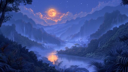 Beautiful fantasy tropical in night skies with tree in mountain view, and shining moon, night sky with moonlight between forest 