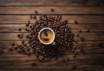 taza de caf&eacute; rodeado por granos crudos