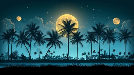 Beautiful fantasy tropical in night skies with tree in beach view with palm tree shiluette, and shining moon, night sky with moonlight between forest 