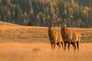 Two majestic stags standing in a golden field at sunrise, with a dense forest in the background.