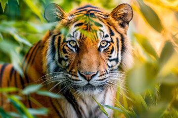 Obraz premium Close-up of a tiger's face peeking through lush green foliage, with a focused and intense gaze.