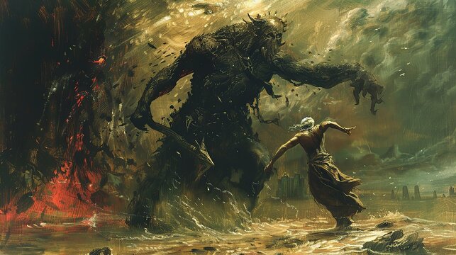 The Epic of Gilgamesh by Unknown: Inspired by Wojtek Siudmak and assisted by Sam Spratt, an oil painting capturing Gilgamesh and Enkidu standing victorious over the defeated Humbaba. 