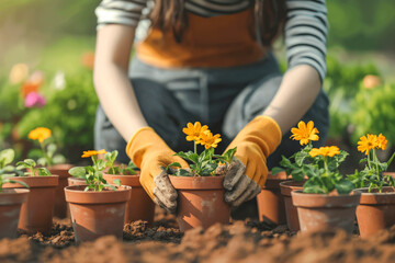Woman repotting flower plants at home garden. Spring gardening