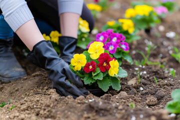 Fototapeta premium Woman repotting flower plants at home garden. Spring gardening