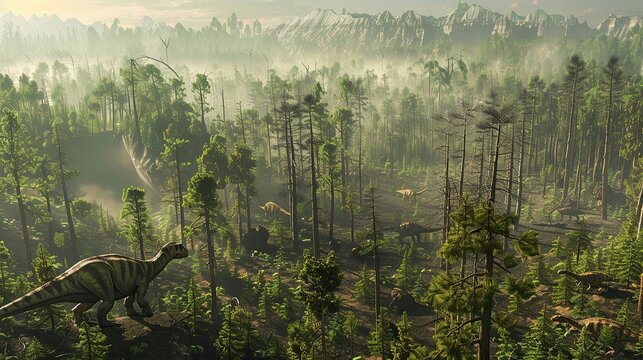 The forest of the Cretaceous period, top view, wide shot