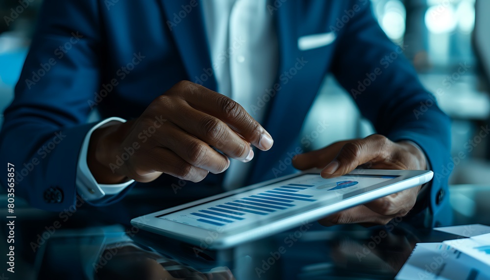 Aufkleber manager analyzing sales data on a tablet, closeup on screen
