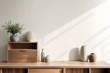 Wooden cabinet and accessories decor in living room interior on empty white wall background 