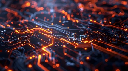 A dark background with glowing orange and red circuit lines, representing data flow in technology. 