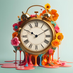 surrealistic composition of a melting clock wrapped in vibrant floral patterns