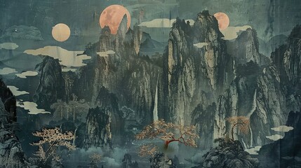 The scene transitions to mystical landscapes of mountains, rivers, and the sun and moon alternating, interspersed with depictions of mythical creatures and deities