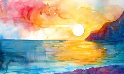 serene seaside view in vibrant watercolors