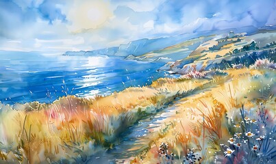 serene seaside view in vibrant watercolors