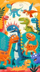 Fototapeta premium Vibrant cartoon dinosaurs in a prehistoric landscape