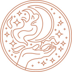 Mystical boho logo. Hand with magic, moon and stars in the sky round shape aesthetic outline icon. Magic spiritual concept. Stock vector illustration isolated on white background in line style.