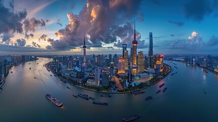 The skyline of Shanghai, China with the river flowing through it at dusk. The skyscrapers in the city of Shanghai light up against the backdrop of a blue sky and white clouds.