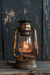 Antique brass lantern with a glowing flame