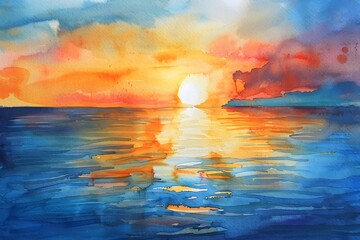 illustration summer sunset over the tranquil sea using watercolors