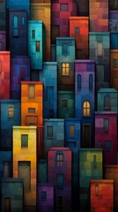 A colorful painting of a row of buildings with windows and doors, background, wallpaper