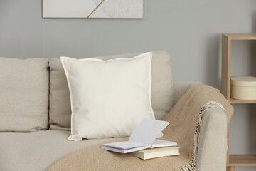 Soft white pillow, blanket and books on sofa indoors