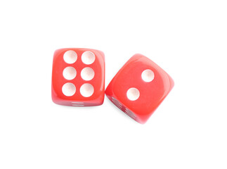Two red game dices isolated on white, top view