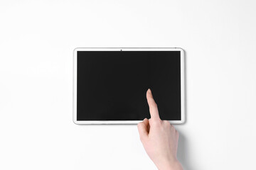 Online store. Woman using tablet on white background, top view