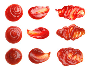 Set of tasty ketchup on white background, top view. Tomato sauce