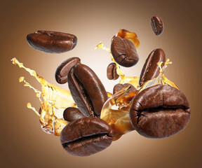 Coffee splash and roasted beans in air on brown gradient background