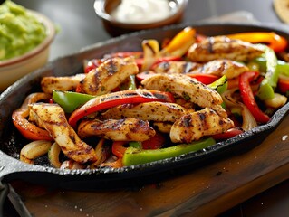 A mouthwatering platter of grilled chicken, peppers, and onions, perfect for a flavorful meal.