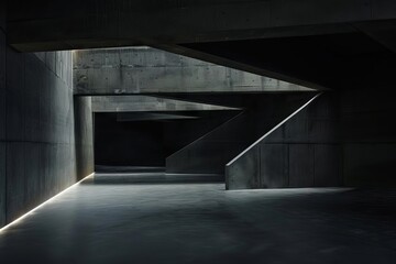 mysterious dark room with concrete floors and dramatic lighting abstract architectural photography