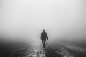 mysterious silhouette of person walking in dense fog atmospheric black and white photo