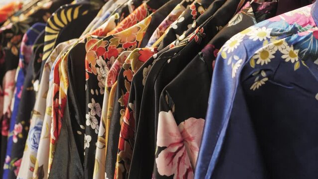 Sale of colorful kimonos on the city street in Tokio, Japan. Close-up