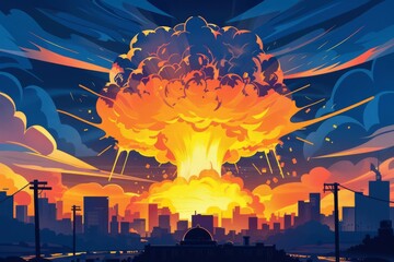nuclear power plant explosion with mushroom cloud and radioactive fallout disaster concept illustration - obrazy, fototapety, plakaty