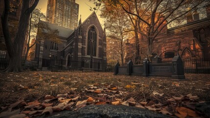 Historic old house building with yard full of dry leaves