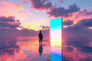 person contemplating vibrant iridescent door in tranquil waterscape surreal reflection concept