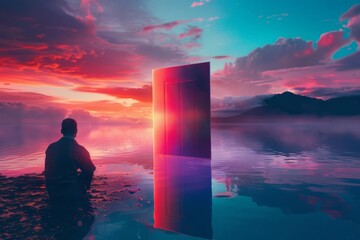 person contemplating vibrant iridescent door in tranquil waterscape surreal reflection concept