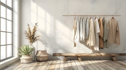 A minimalist rack with neatly arranged women's against the backdrop of an empty room, symbolizing sustainable fashion and eco-friendly outfit choices.